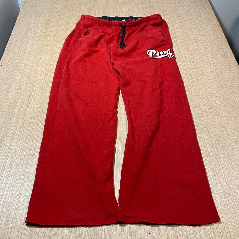 Victoria's Secret PINK Red Wide Leg Sweatpants Script Logo Raw Hem Medium